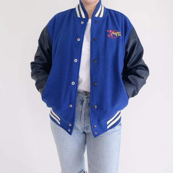 Vintage  Varsity Navy Spirit Cheer 15% Wool Button Down Varsity Bomber Jacket S - Picture 1 of 12